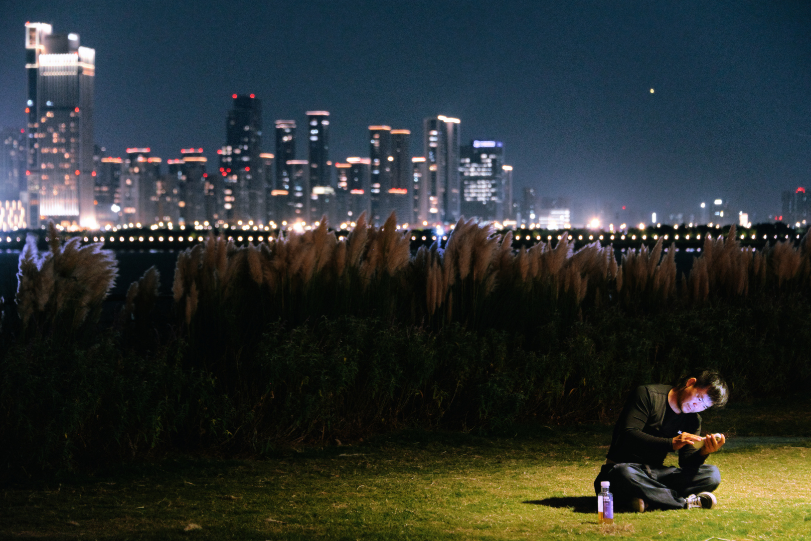 a man in sitting on grass in spotlight at night with city lights in the background