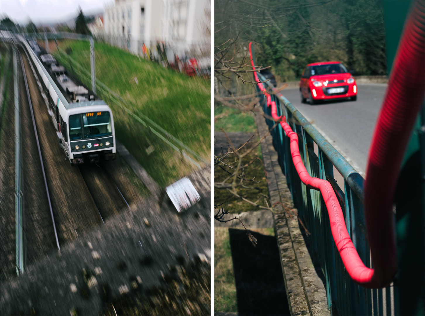 A paired image of a train and a red car